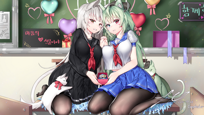 Anime cat girls in school uniforms with gifts