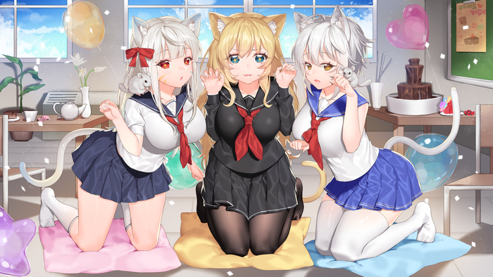 Three cat girls in school uniforms with a chocolate fountain