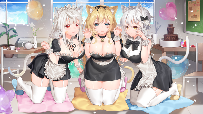 Three cat girls in maid outfits at a party