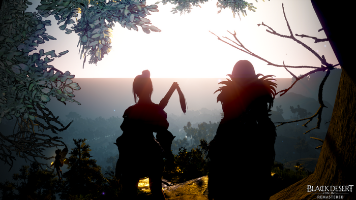 Two characters in Black Desert Online at sunrise