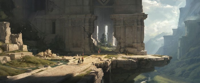 Fantasy ruins with knights and a canyon landscape