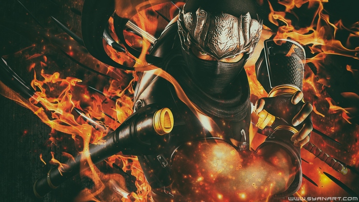 Ryu Hayabusa surrounded by fire
