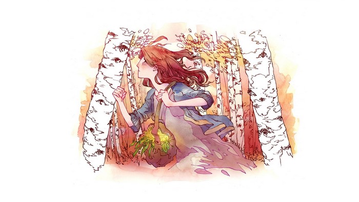 Girl walking through a birch forest with a basket