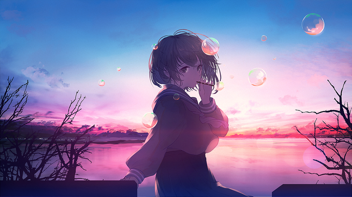 Anime girl blowing bubbles at sunset