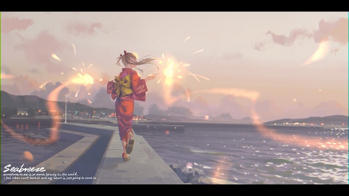 Girl in Yukata with Sparklers by the Sea