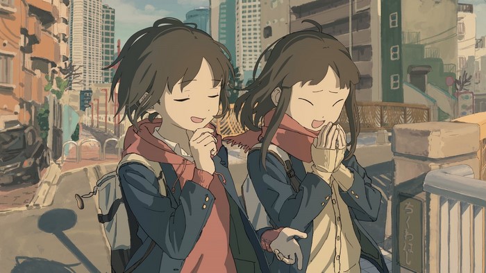 Two anime girls walking in a city