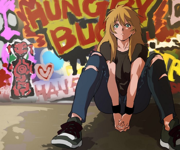Nikaido from Dorohedoro sitting in front of graffiti