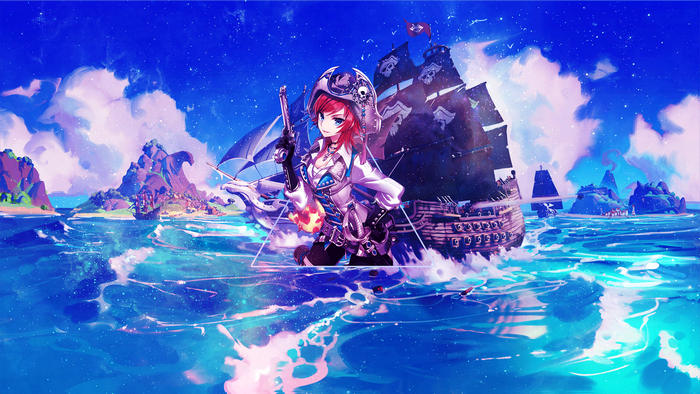 Anime girl pirate with a pirate ship and islands