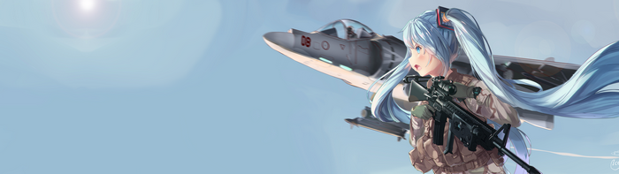 Hatsune Miku with Assault Rifle and Harrier Jet
