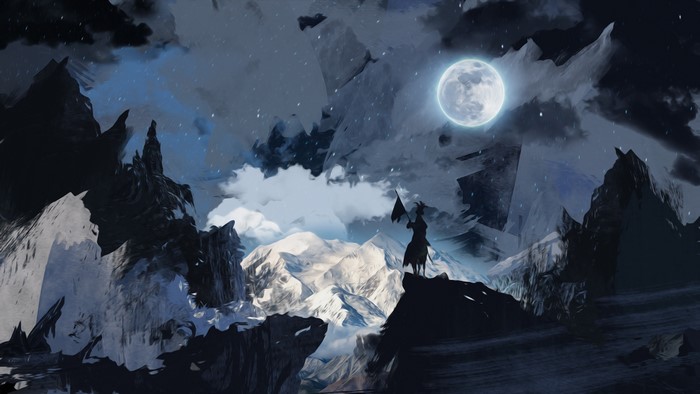 Warrior with flag on mountain under moon