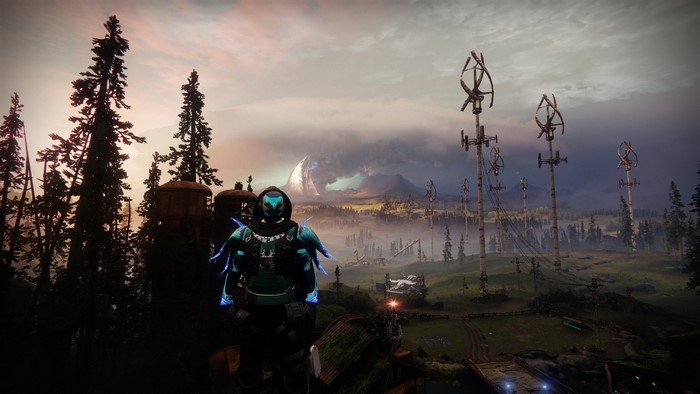 Destiny 2 Guardian in a landscape with wind turbines