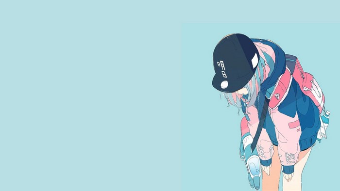 Anime girl with backpack and cap