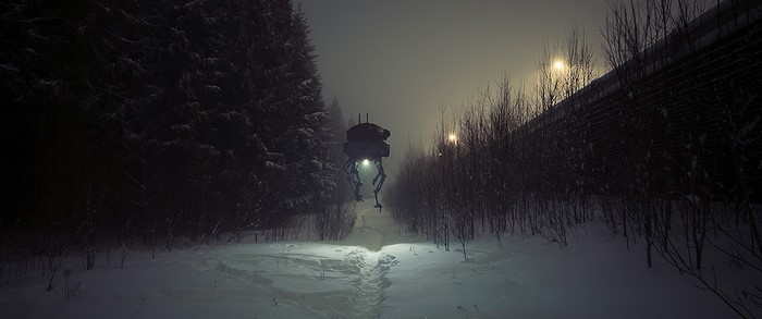 Star Wars Probe Droid in a snowy forest at night
