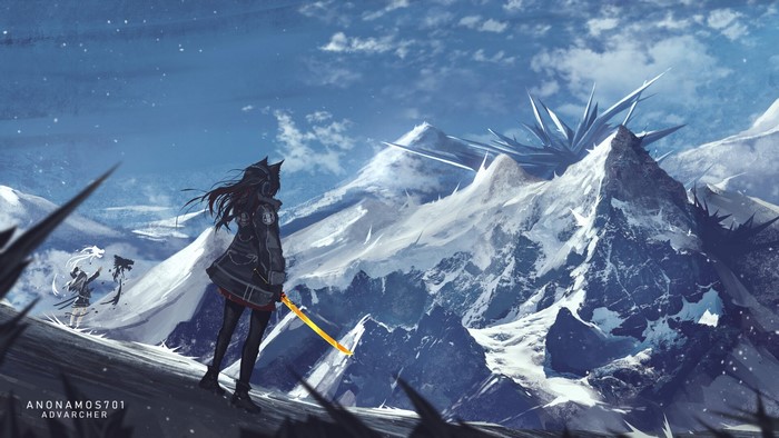 Lappland and Texas from Arknights in snowy mountains