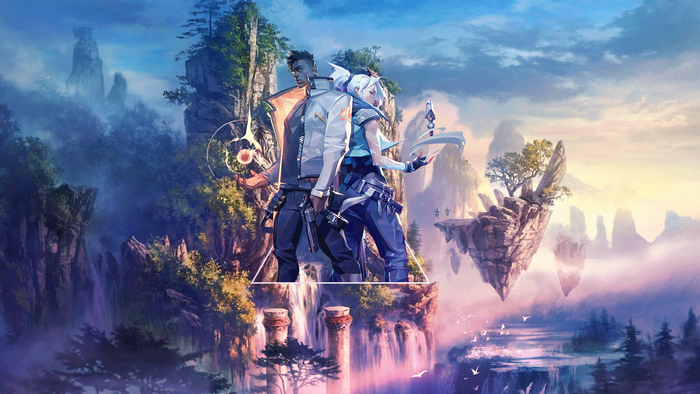 Phoenix and Jett from Valorant in a fantasy landscape