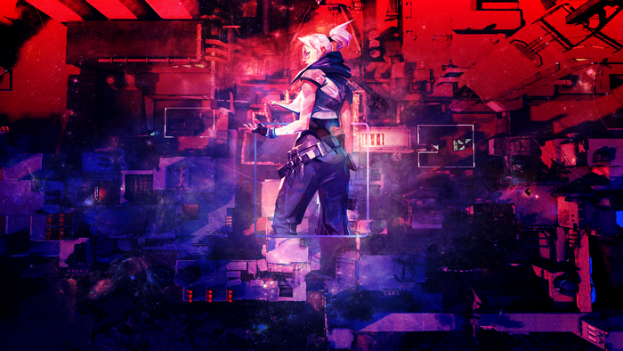 Jett from Valorant in a futuristic city