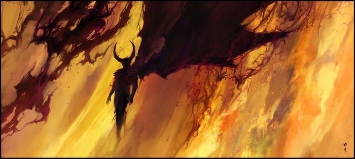 Demon with horns and wings in a fiery landscape