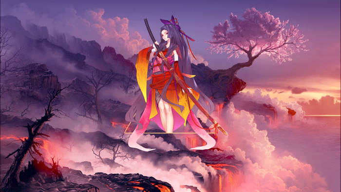 Anime girl with swords in a fantasy landscape