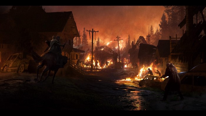 The Last of Us 2 artwork of a burning town