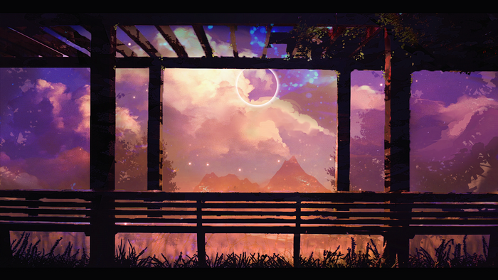 Digital art of a surreal sky with mountains and stars