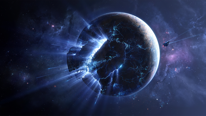Shattered Planet in Space with Spaceship