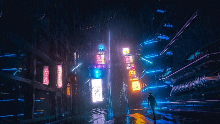 Cyberpunk city street at night with neon signs