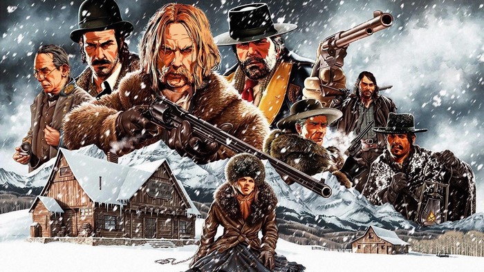 Characters from Red Dead Redemption 2 in a snowy landscape
