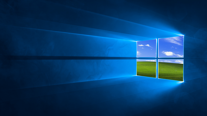 Windows 10 logo with Windows XP Bliss image