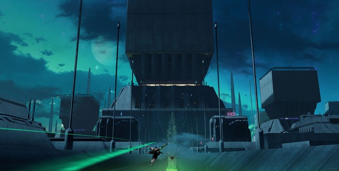 Science fiction cityscape with vehicles and moons