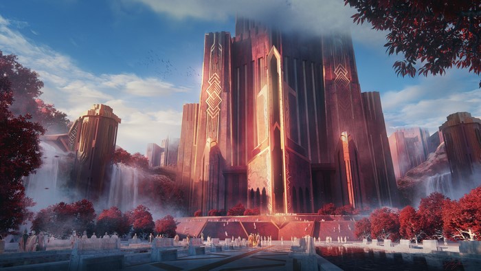 Fantasy palace with waterfalls and red trees