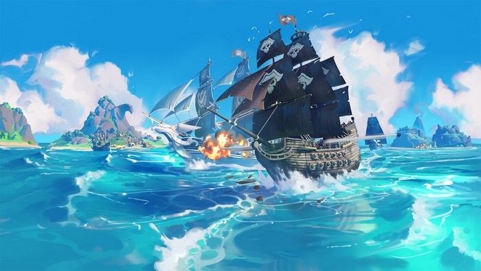 Pirate ships battle near islands with skull flags