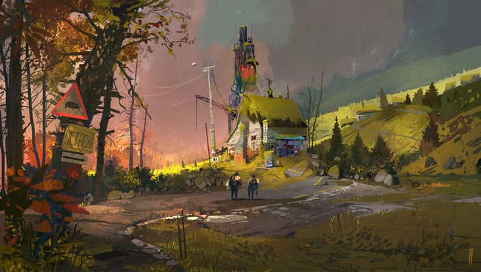 Two figures walk past a dilapidated shack and a warning sign in a forest.