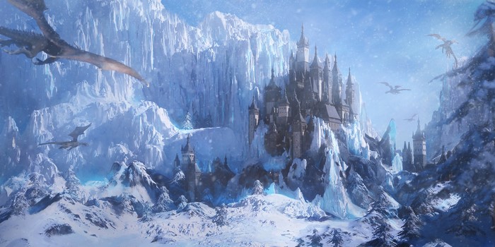 Fantasy ice castle with dragons and snow-covered mountains