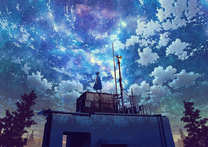 Anime girl on a rooftop under a starry sky