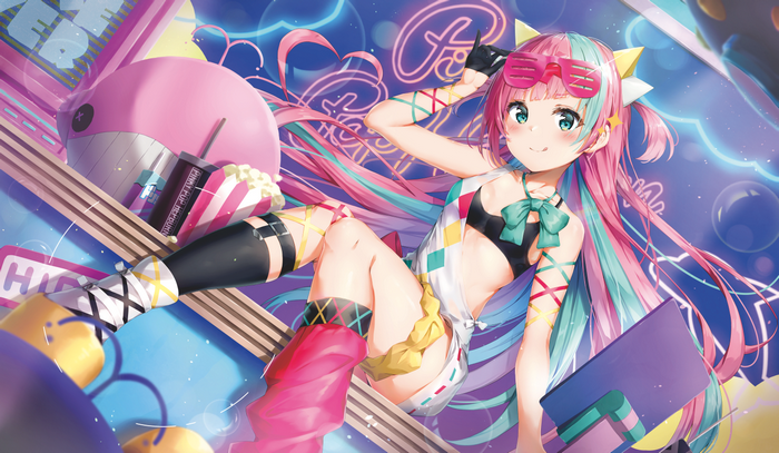 Anime girl with multi-colored hair and pink sunglasses