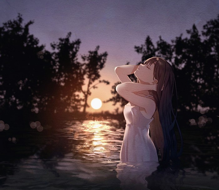Anime girl in a white dress standing in water at sunset