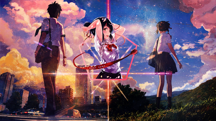 Your Name. Anime characters in a city and nature setting