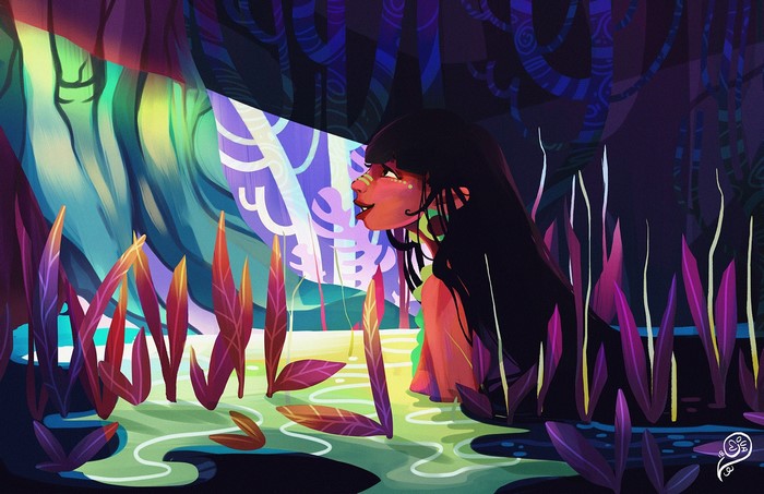 Illustration of a woman in a colorful forest by Vanessa Morales