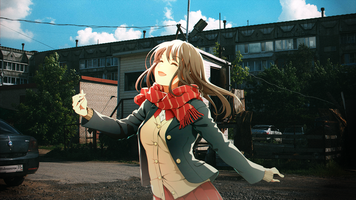 Happy anime girl in a scarf in a Russian neighborhood