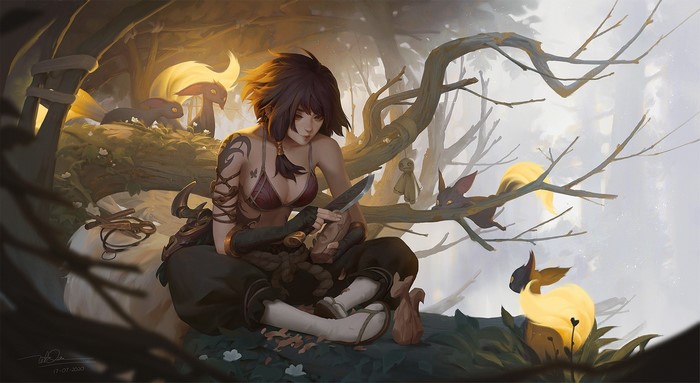 Fantasy girl with fox-like creatures in a forest