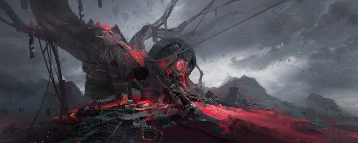 Science fiction artwork of a mechanical orb with red glowing eyes