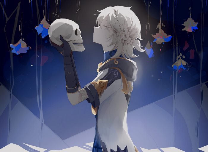 Albedo holding a skull in a dark, blue-lit environment