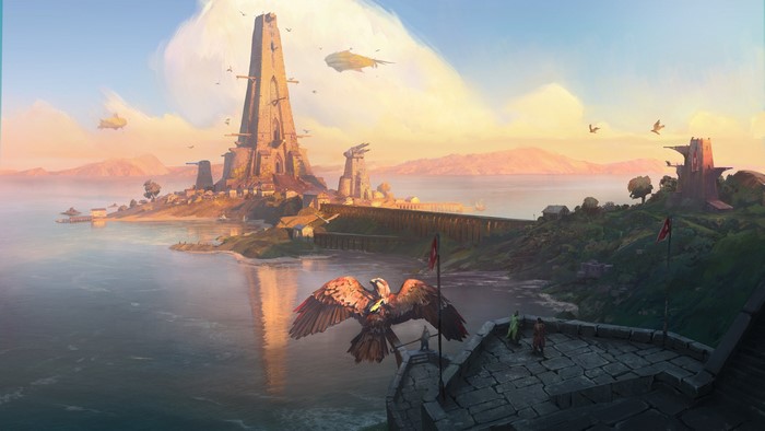 Fantasy landscape with tower and birds