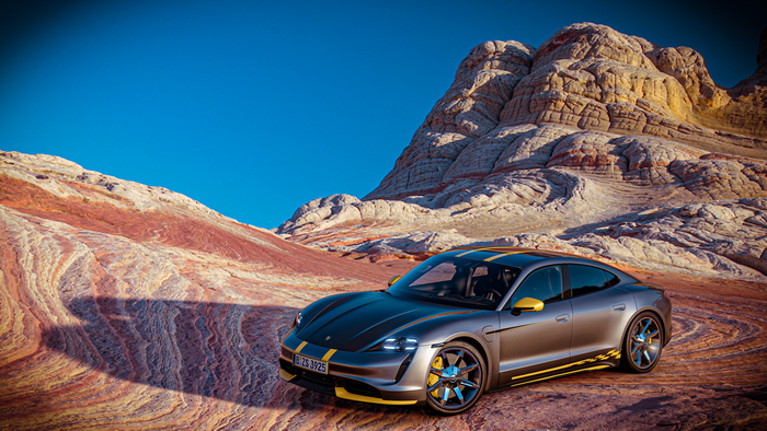 Porsche Taycan in a desert landscape