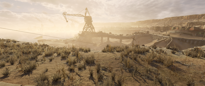 Metro Exodus screenshot of a post-apocalyptic industrial landscape