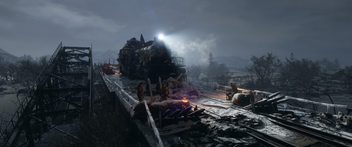 Metro Exodus screenshot of a destroyed train on a bridge