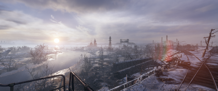 Metro Exodus apocalyptic landscape with sun and ruins