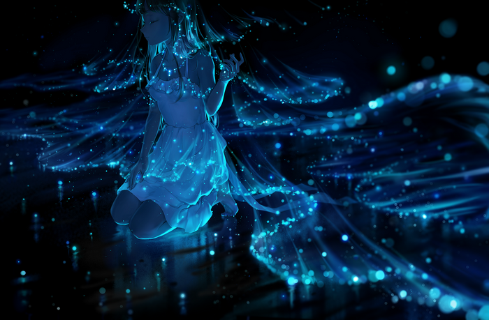 Fantasy girl in a glowing dress surrounded by blue lights