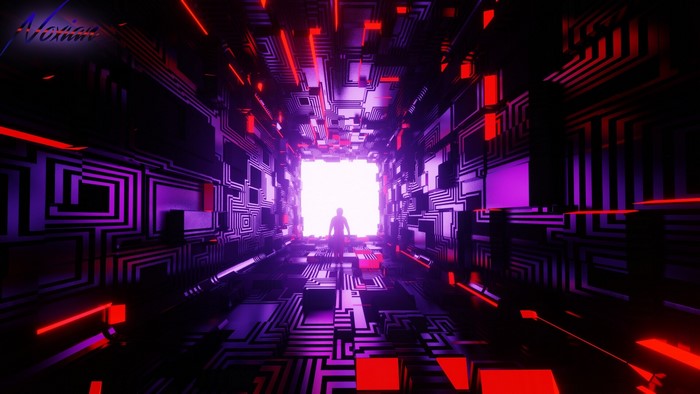 Man walks towards bright light in neon digital tunnel