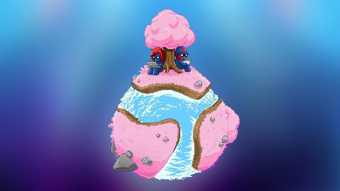 Pixel art of two nerds on a pink planet